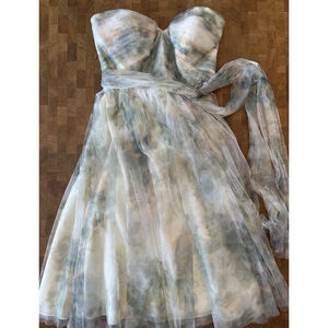 Jenny Yoo Strapless Sweetheart A-Line Dress in Blue & Cream Watercolor